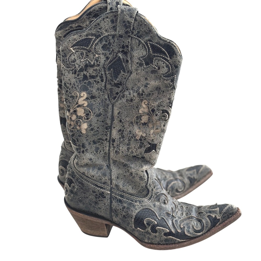 Corral Exotic Lizard Inlay Cowboy Boots Black Distressed Snip Toe C2108